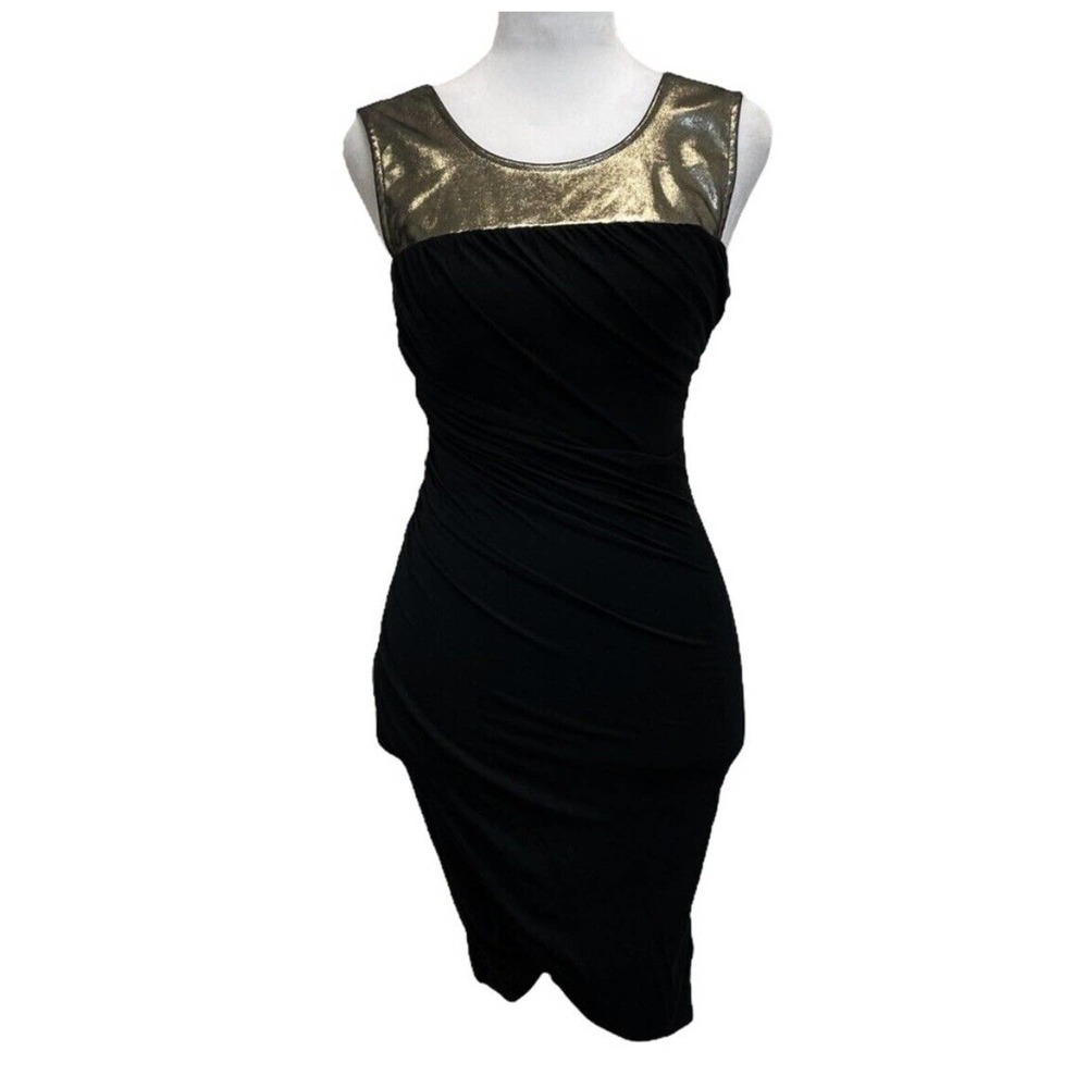 Plenty by Tracy Reese Black Draped Metallic Gold Yoke Fitted Mini Dress